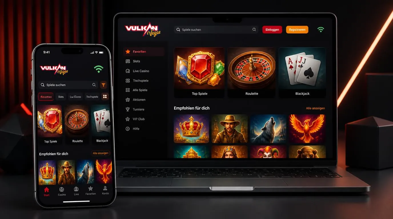 Casino-Spielbibliothek auf Smartphone und Laptop mit Slots sowie Tischspielen in klarer Oberfläche