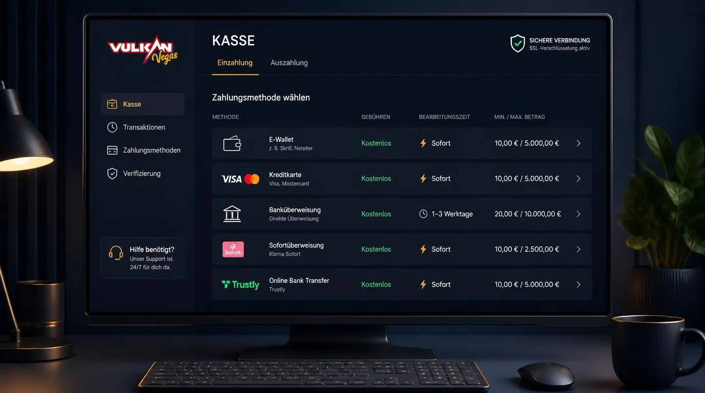 Kassenansicht mit E-Wallets, Karten und Banküberweisung für Ein- und Auszahlungen