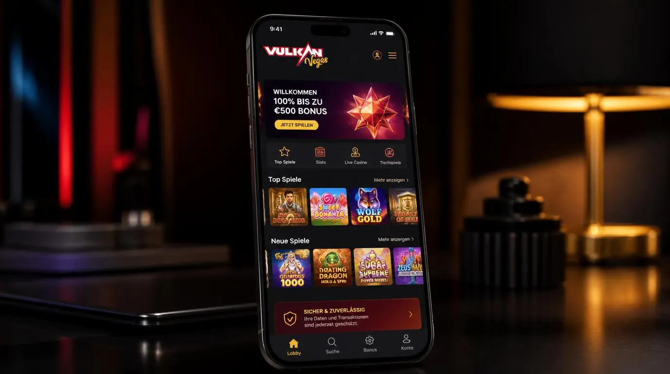 Moderne Casino-App auf einem Smartphone mit übersichtlicher Spielauswahl und Bonusbereich