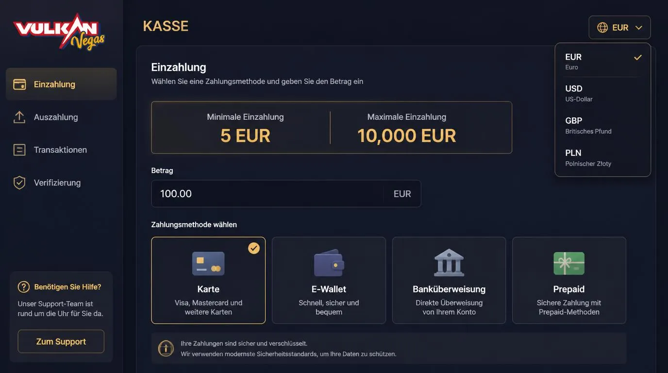 Kassenbereich mit Auswahl von Zahlungsarten sowie Einzahlungsgrenzen von 5 EUR bis 10.000 EUR