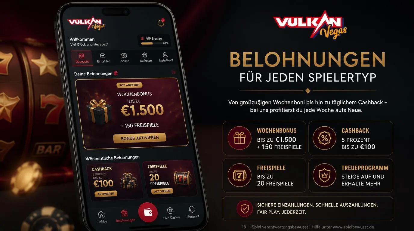 Casino-App mit Willkommensbonus, Cashback und wöchentlichen Freispielen auf einem Smartphone