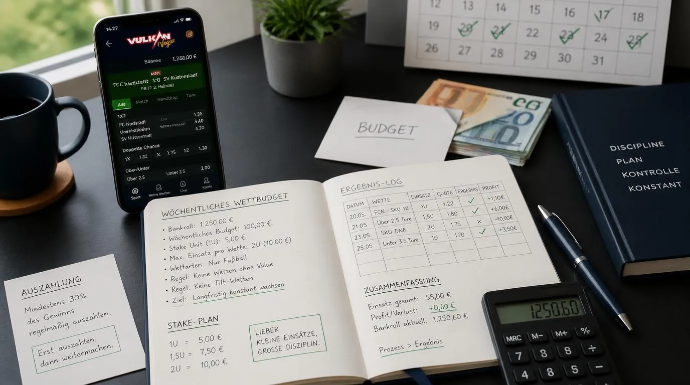 Sportwetten-Budget mit Einsatzplan, Notizbuch, Smartphone und Euro-Beträgen auf einem Schreibtisch
