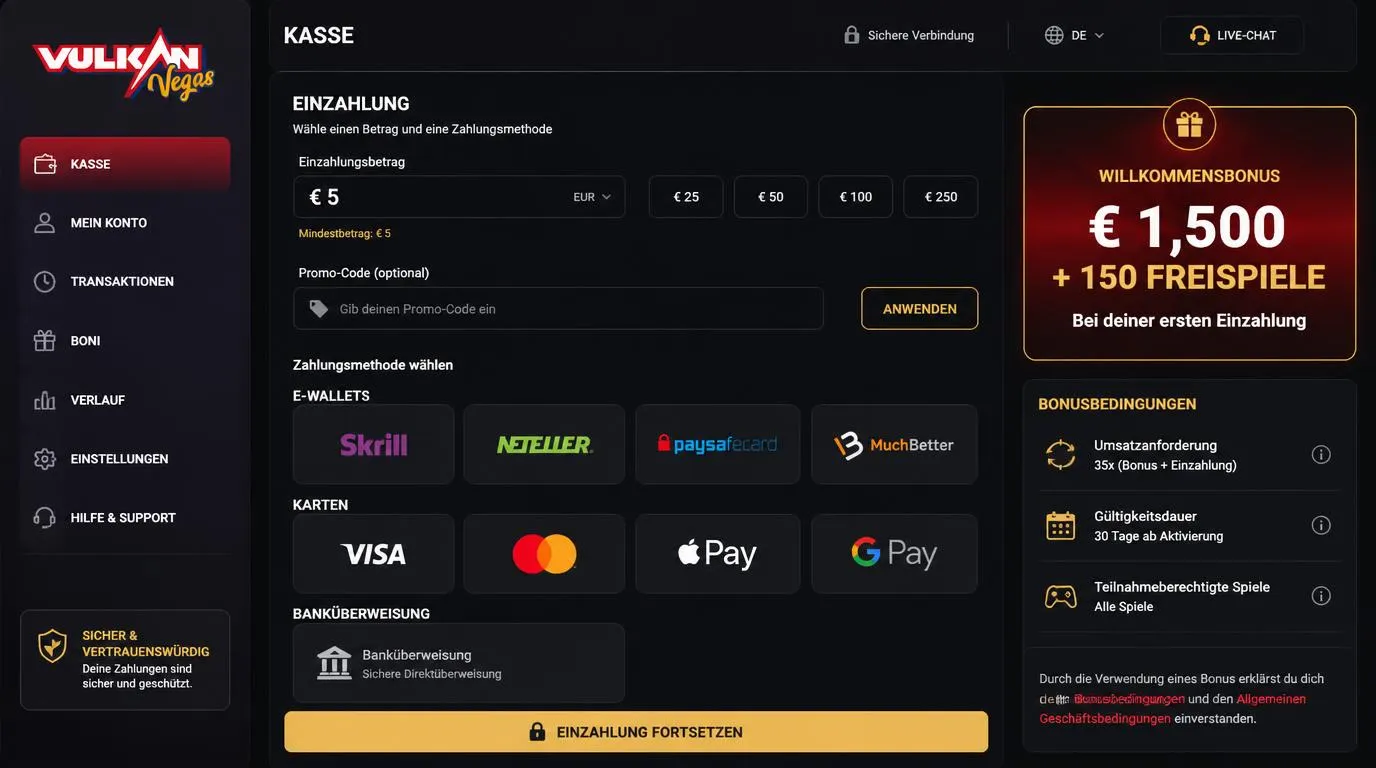 Casino-Kasse mit Willkommensbonus, Einzahlung und Auswahl mehrerer Zahlungsmethoden