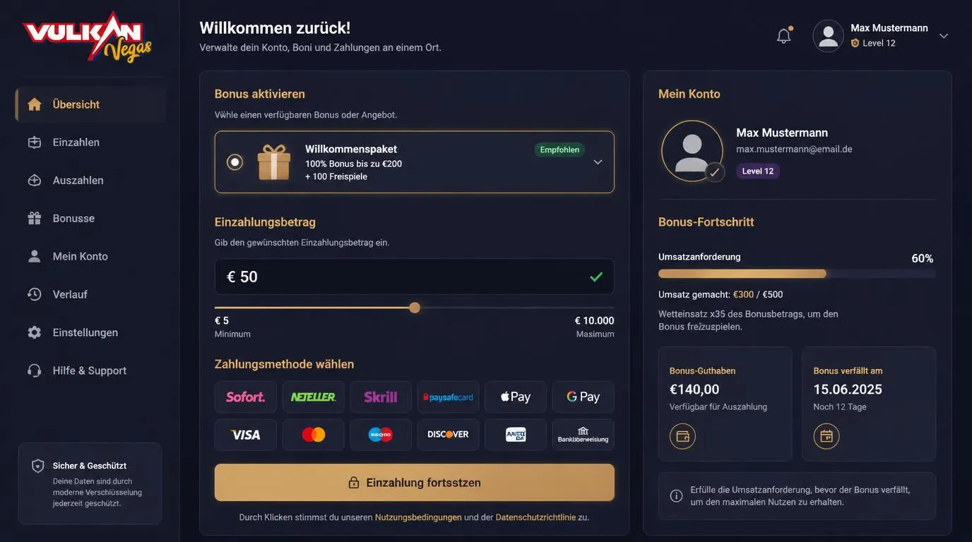 Casino-Kassenansicht mit ausgewähltem Willkommensbonus, Zahlungsmethoden und Anzeige der Umsatzbedingungen