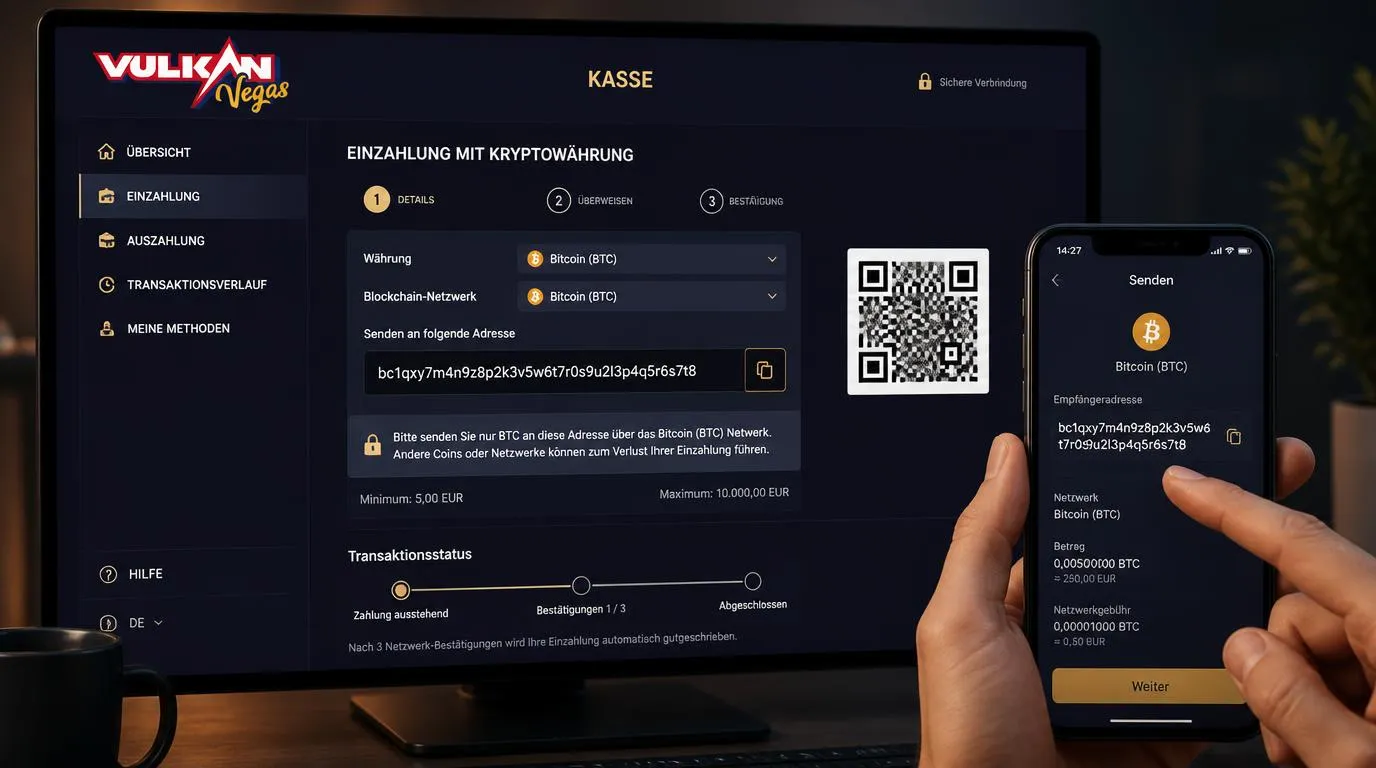 Krypto-Einzahlung mit Wallet-Adresse und Auswahl des Blockchain-Netzwerks in einer Casino-Kasse