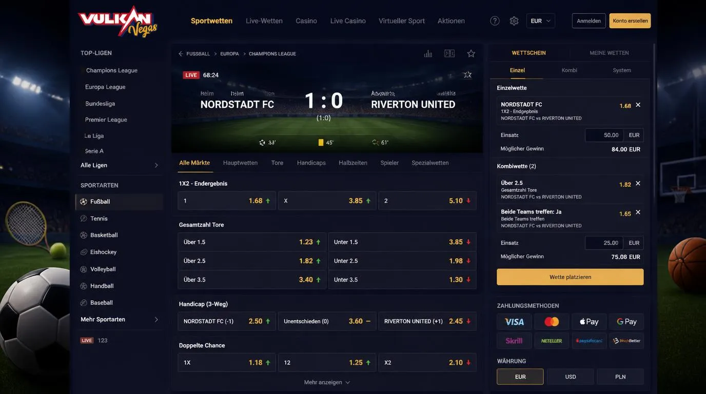 Sportwetten-Oberfläche mit Live-Quoten, Wettzettel und Auswahl für Fußballspiele
