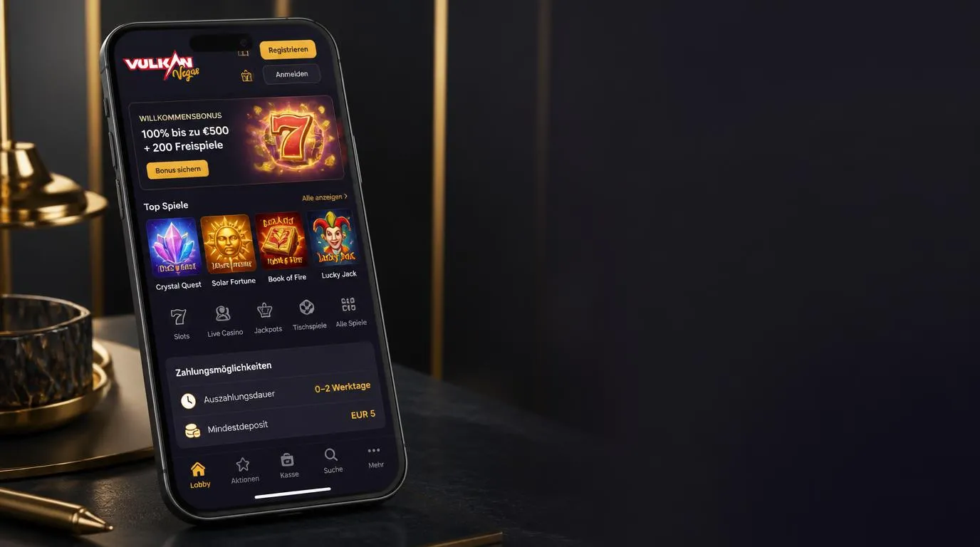 Smartphone mit Casino-Lobby, Auszahlungsanzeige in 0–2 Bankarbeitstagen und Einzahlung ab EUR 5