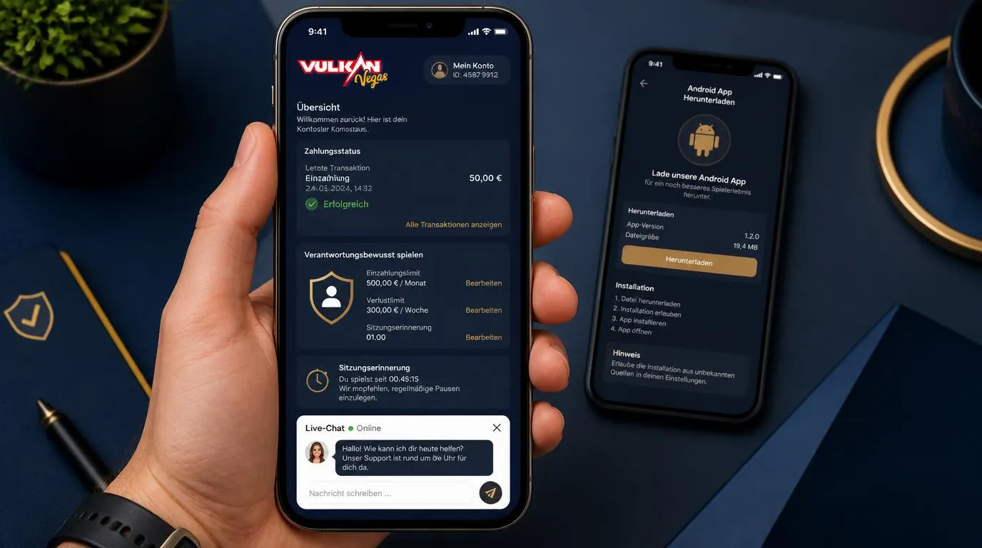 Smartphone mit Casino-Konto, Zahlungsprüfung und geöffnetem Live-Chat auf deutschem Bildschirm